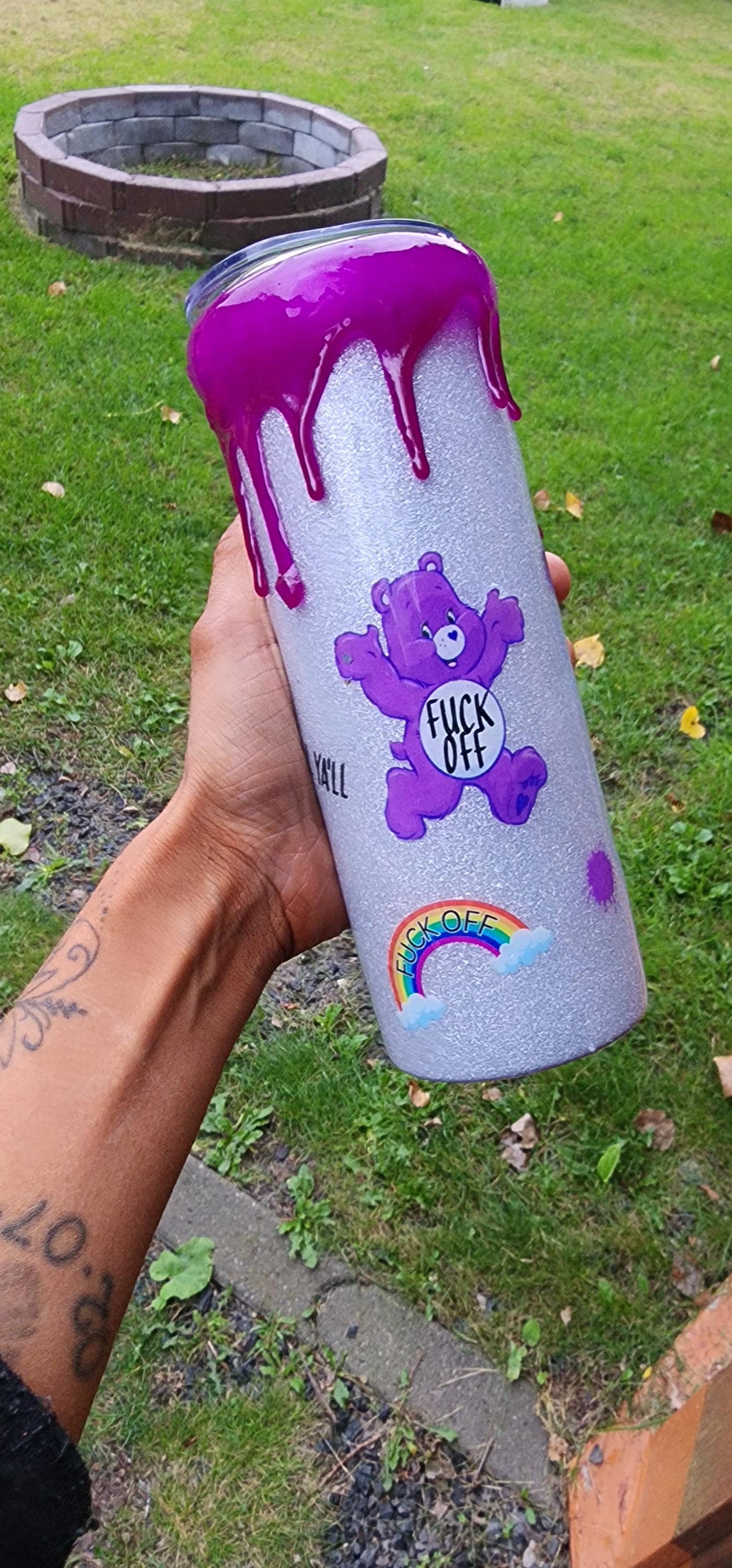 Purple Swear Bear Epoxy Tumbler: Snarky Glitter "Fuck Off" Cup