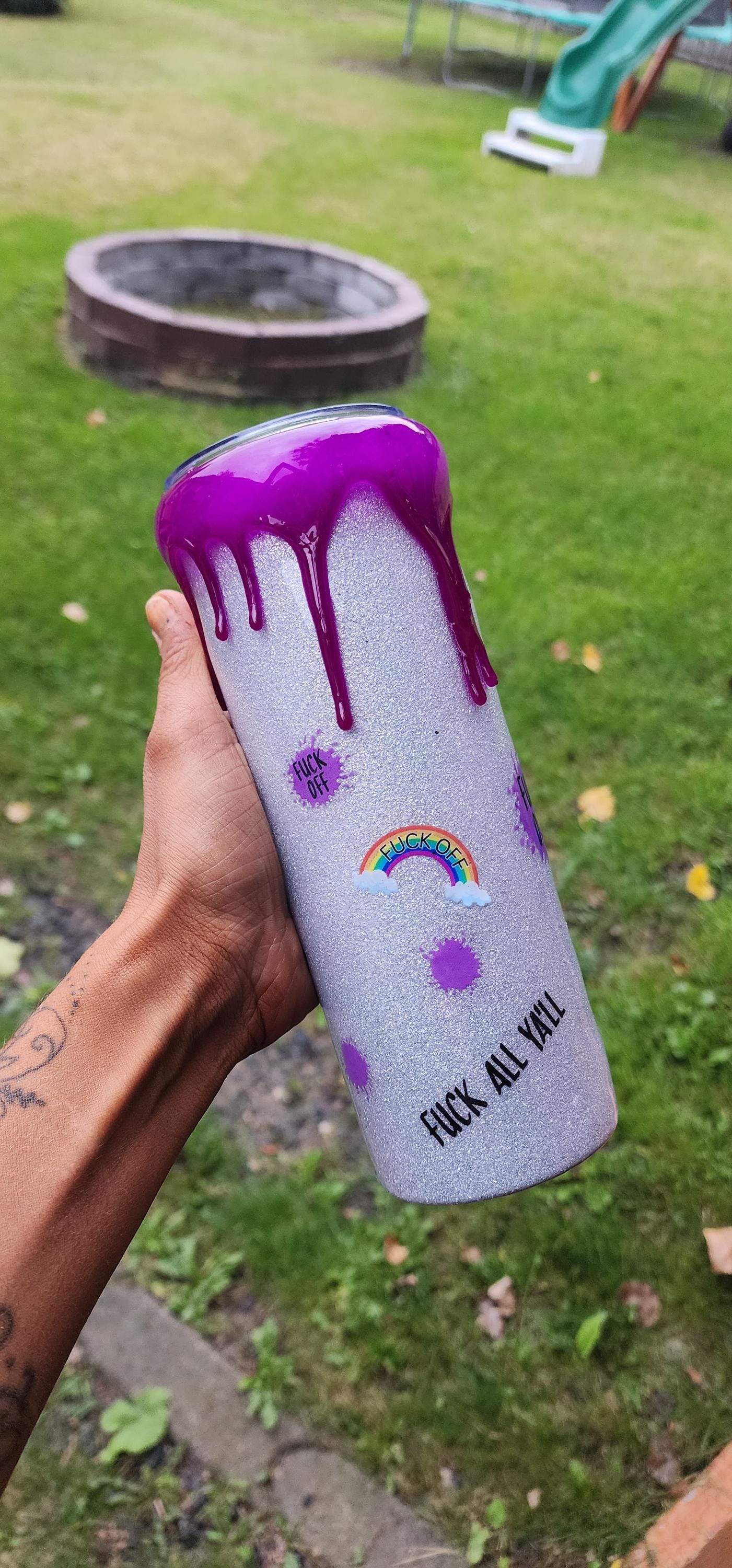 Purple Swear Bear Epoxy Tumbler: Snarky Glitter "Fuck Off" Cup