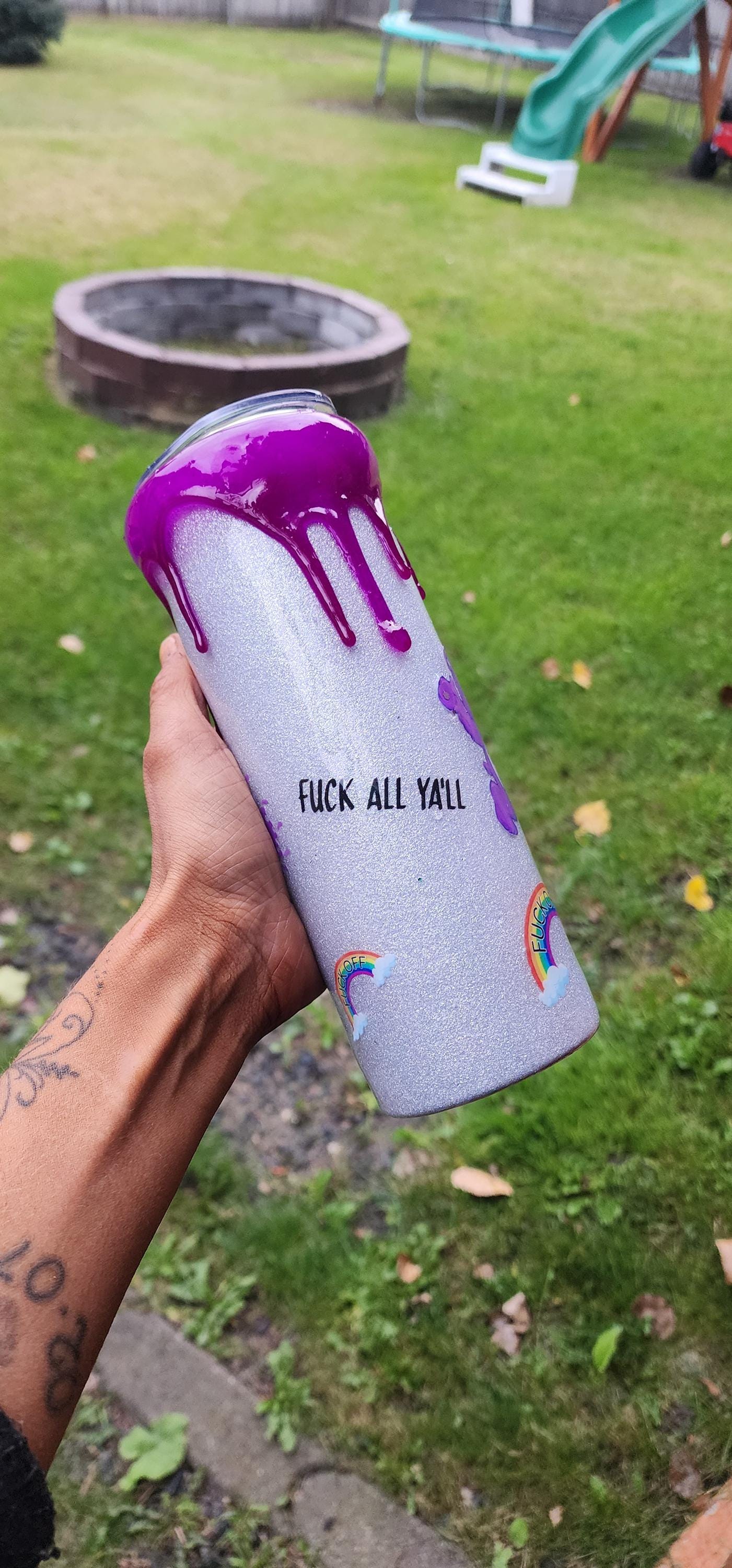 Purple Swear Bear Epoxy Tumbler: Snarky Glitter "Fuck Off" Cup