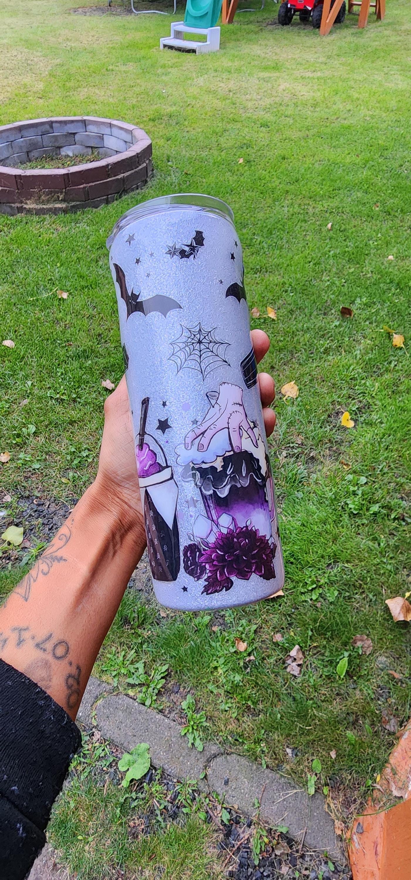 Wednesday Addams Glitter Tumbler – Dark Goth Coffee Mug, Spooky Sassy Halloween Cup