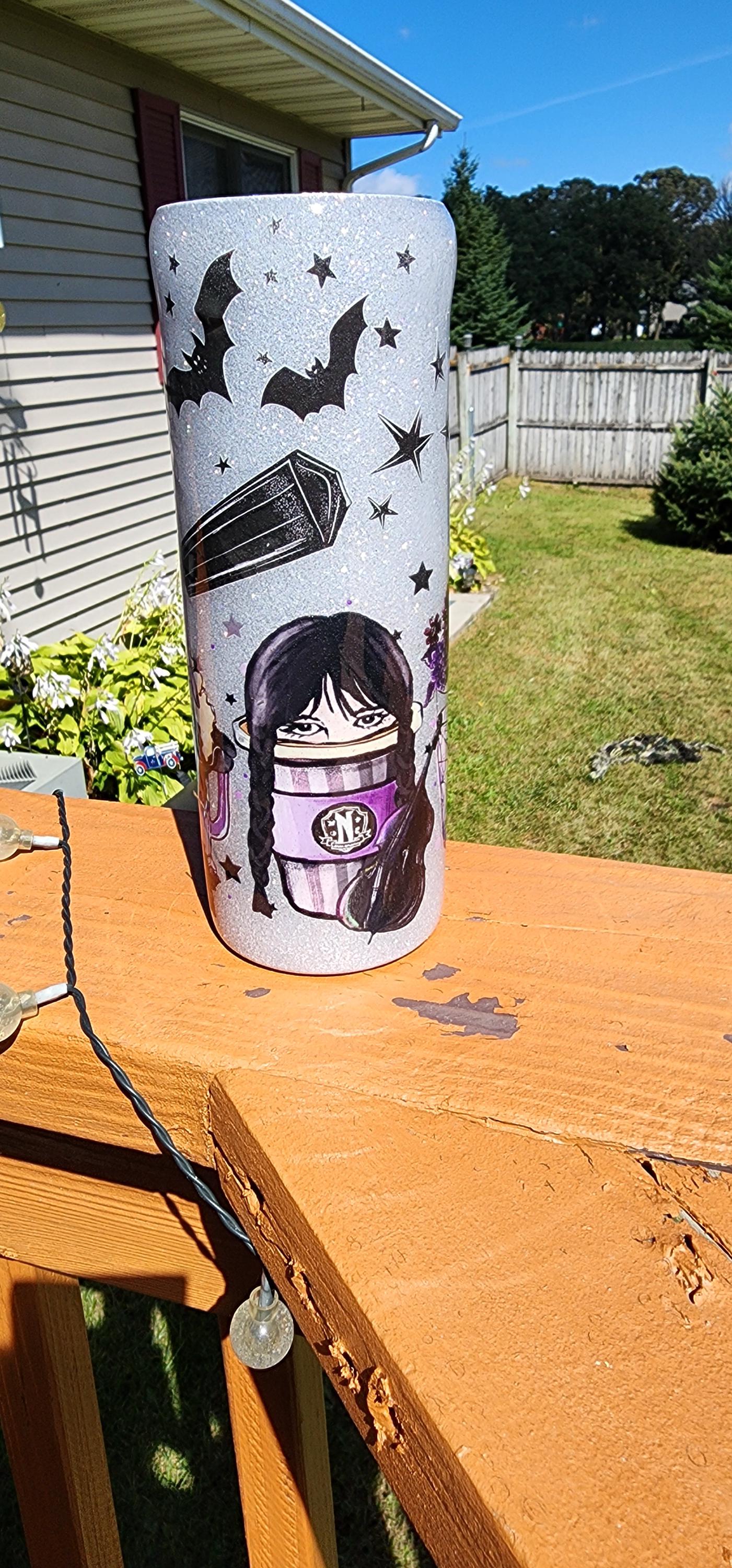Wednesday Addams Glitter Tumbler – Dark Goth Coffee Mug, Spooky Sassy Halloween Cup