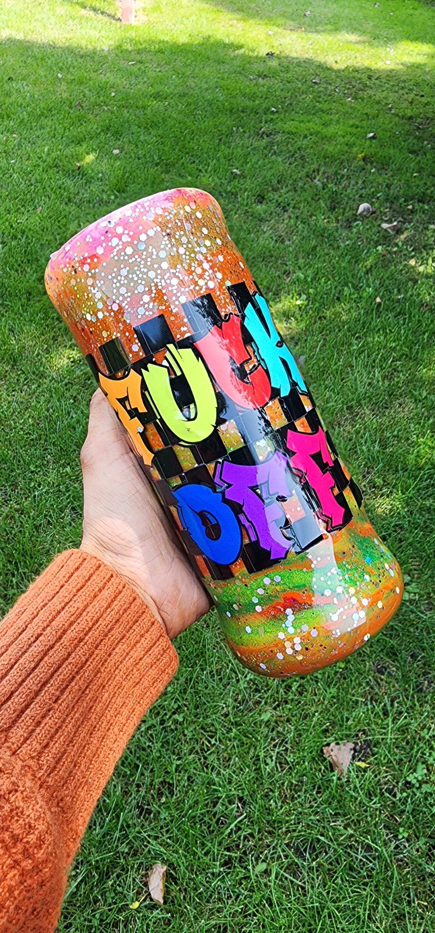 Tie-Dye Attitude Cup – Orange, Pink & Green Glitter Epoxy Tumbler | ‘Fuck Off’ Custom Drinkware