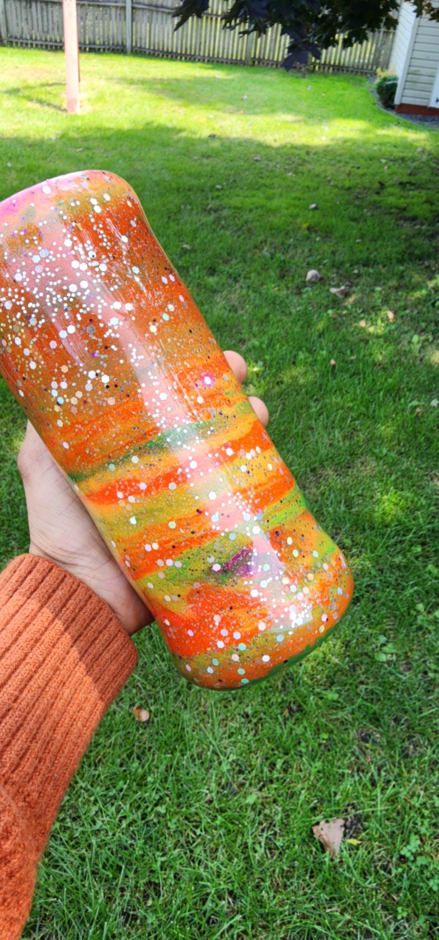 Tie-Dye Attitude Cup – Orange, Pink & Green Glitter Epoxy Tumbler | ‘Fuck Off’ Custom Drinkware