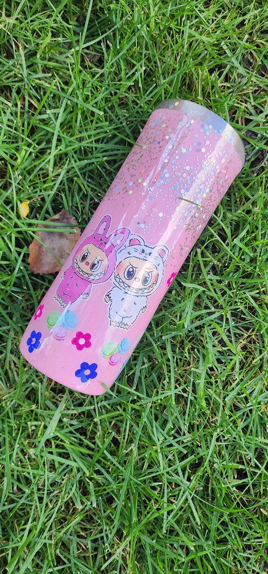 Labubu Pink Epoxy Glitter Tumbler – Cute Kawaii Stainless Steel Insulated Cup | Sparkly Glitter Travel Mug with Straw & Lid | Handmade Gift for Labubu Fans