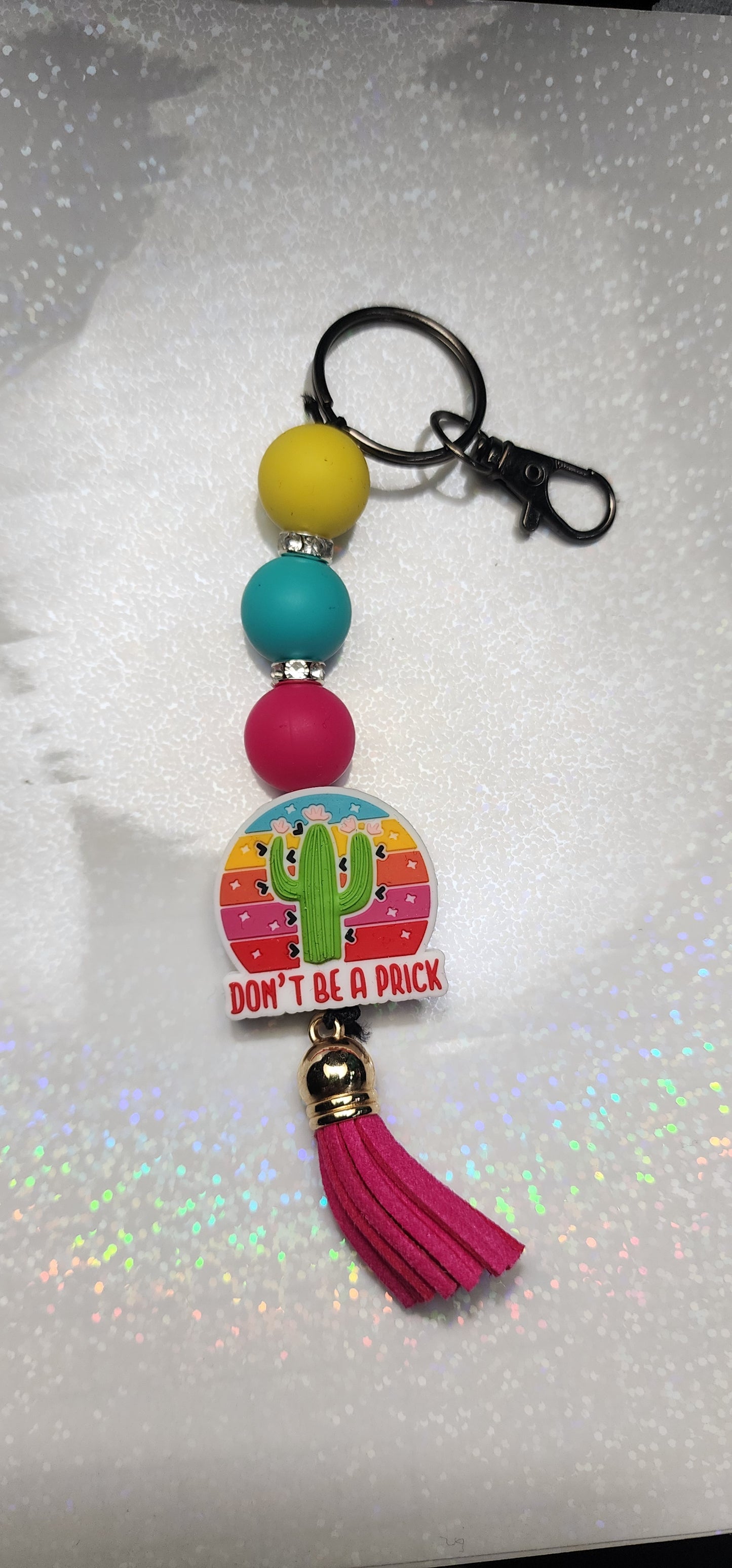 Beaded Keychain: Sassy Cactus Tassel Keyring, "Don't Be A Prick"
