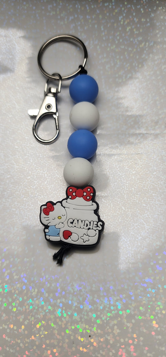 Handmade Hello Kitty Keychain – Blue & White Beaded Charm, Kawaii Bag or Key Accessory, Gift for Fans