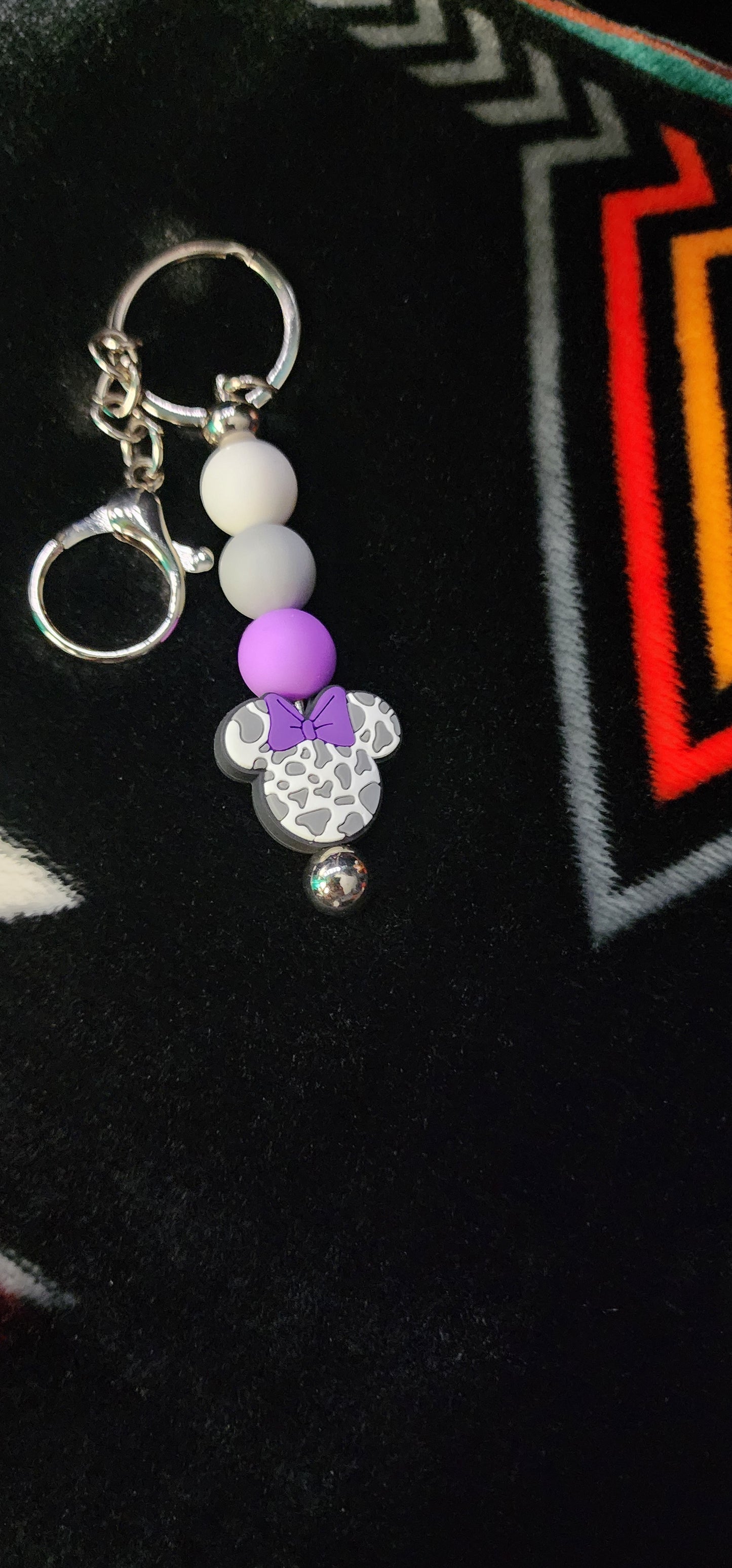Handmade Minnie Mouse Cow Print Keychain – Purple & White Cute Disney-Inspired Accessory