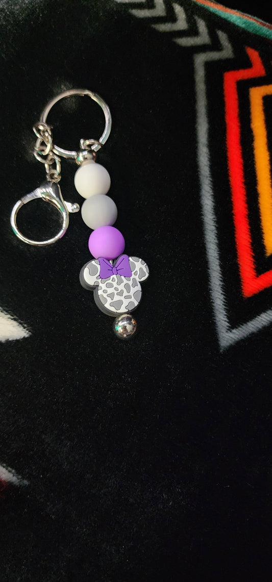 Handmade Minnie Mouse Cow Print Keychain – Purple & White Cute Disney-Inspired Accessory