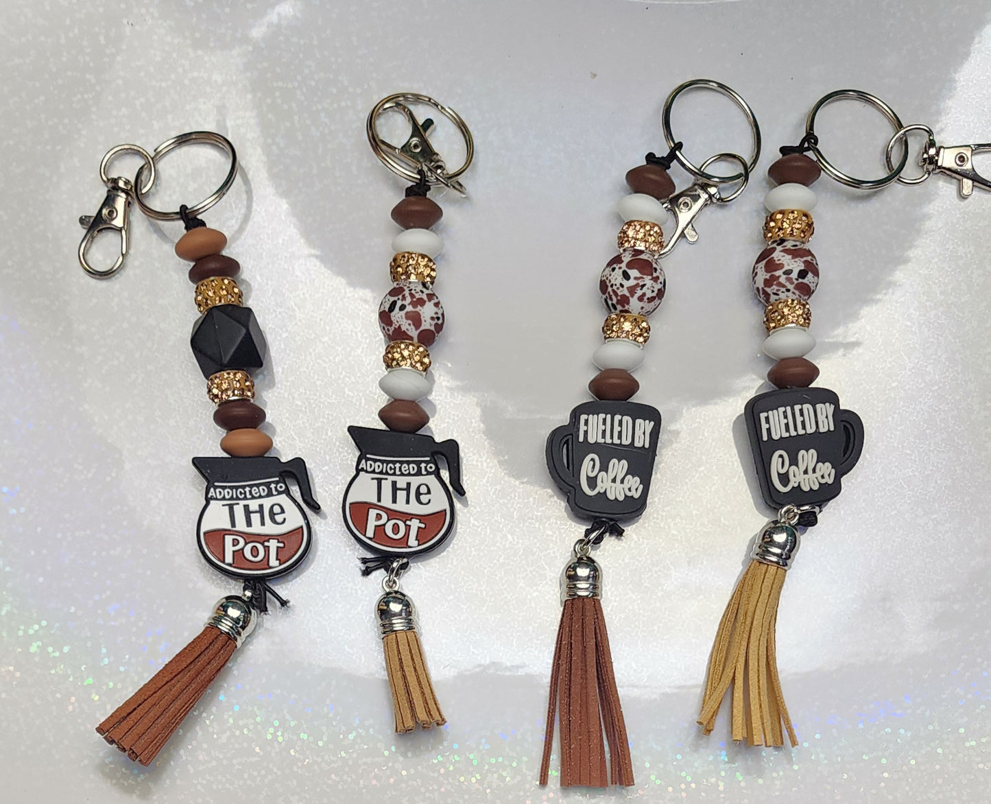 Fueled by Coffee & Addicted to the Pot – Funny Handmade Beaded Keychain
