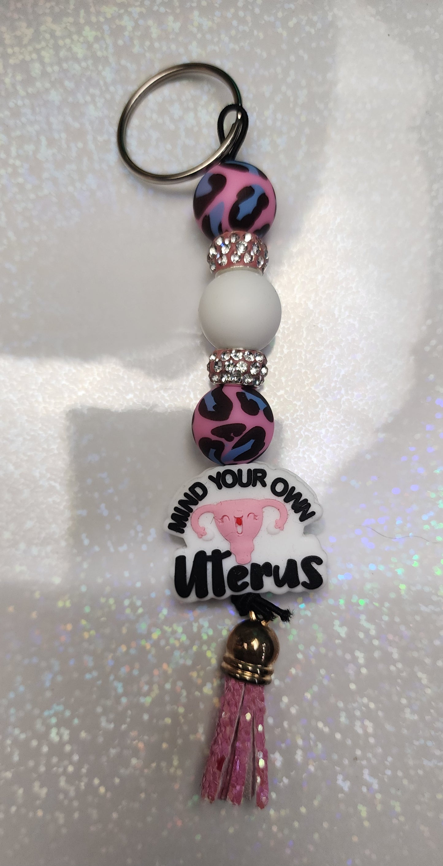 Mind Your Own Uterus Beaded Keychain – Feminist Keyring, Sassy Bag Charm, Handmade Statement Gift