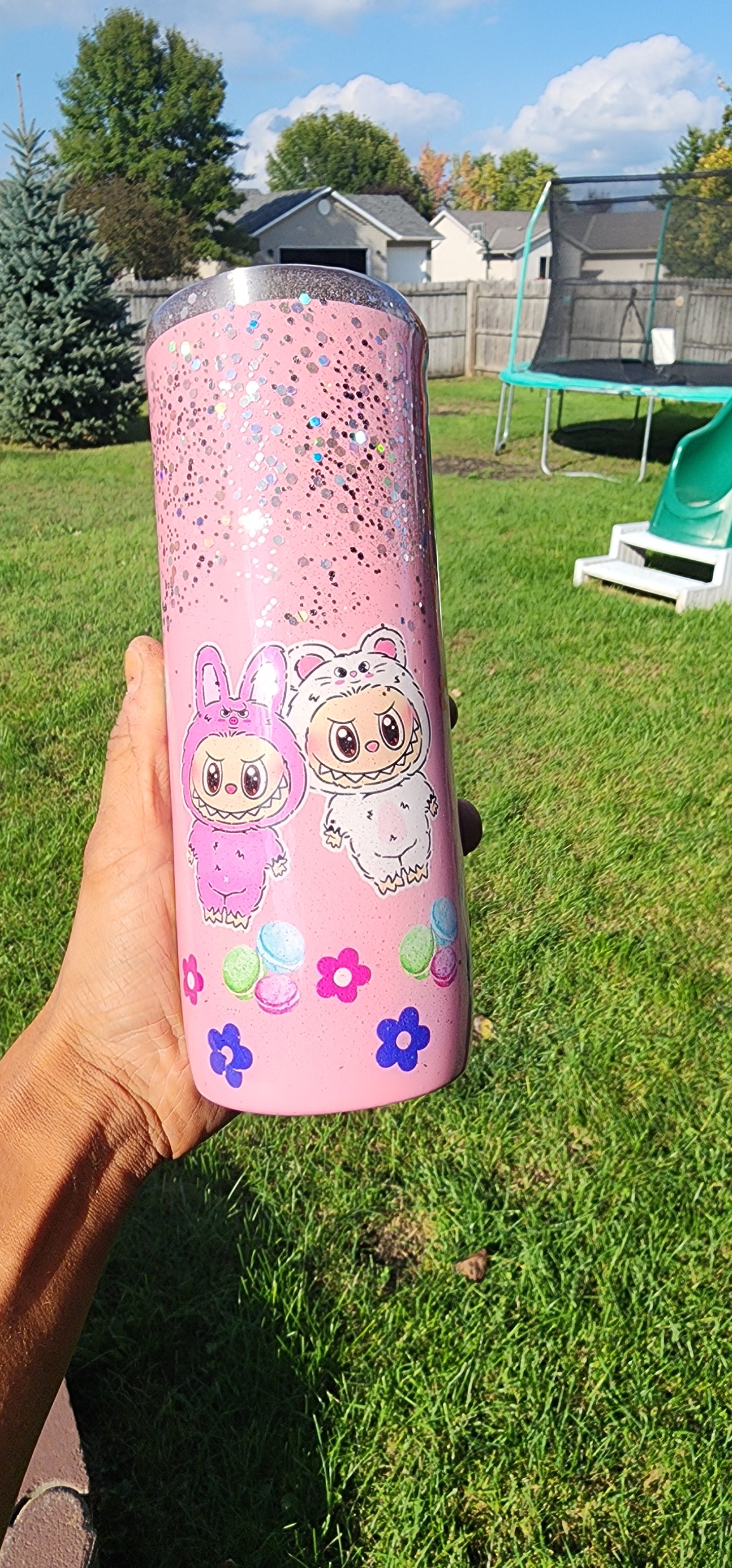 Labubu Pink Epoxy Glitter Tumbler – Cute Kawaii Stainless Steel Insulated Cup | Sparkly Glitter Travel Mug with Straw & Lid | Handmade Gift for Labubu Fans
