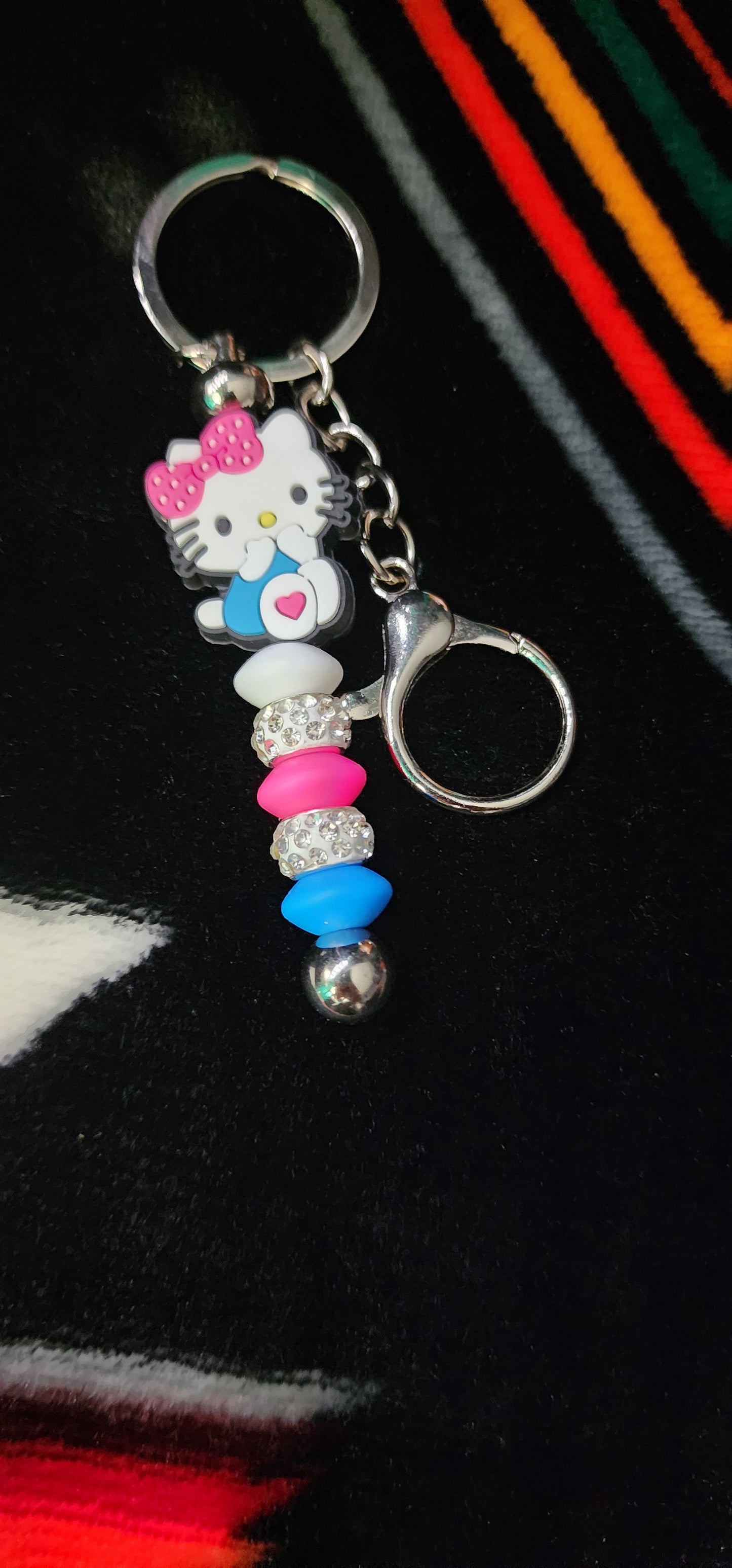 Handmade Hello Kitty Keychain – Cute Pink, Blue & White Charm, Kawaii Kitty Keyring, Girly Bag Accessory, Sanrio Inspired Gift
