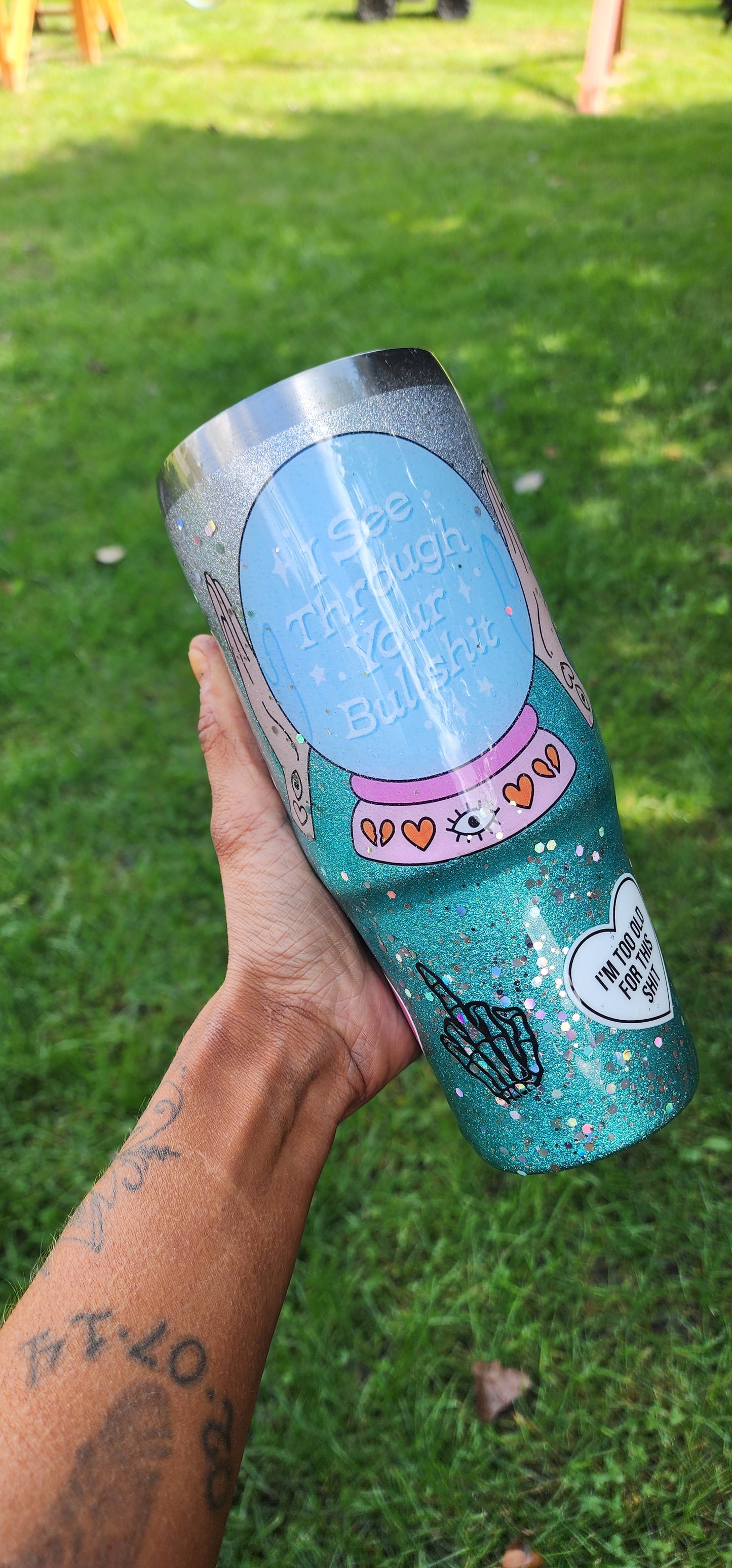 ✨ I See Through Your Bullshit Crystal Ball | 30oz Blue & Silver Glitter Epoxy Tumbler | Mystical Sarcasm Cup