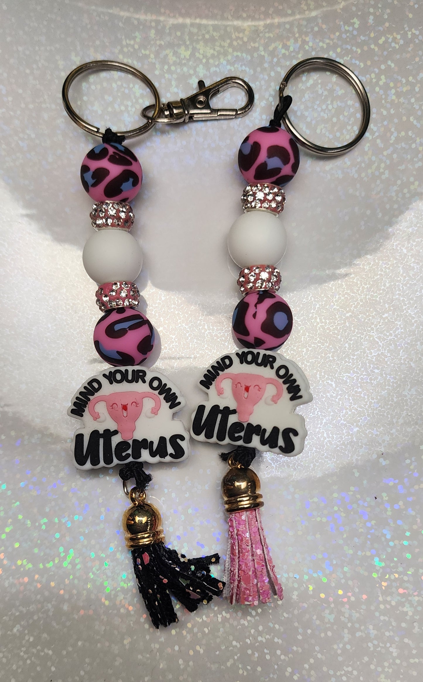 Mind Your Own Uterus Beaded Keychain – Feminist Keyring, Sassy Bag Charm, Handmade Statement Gift