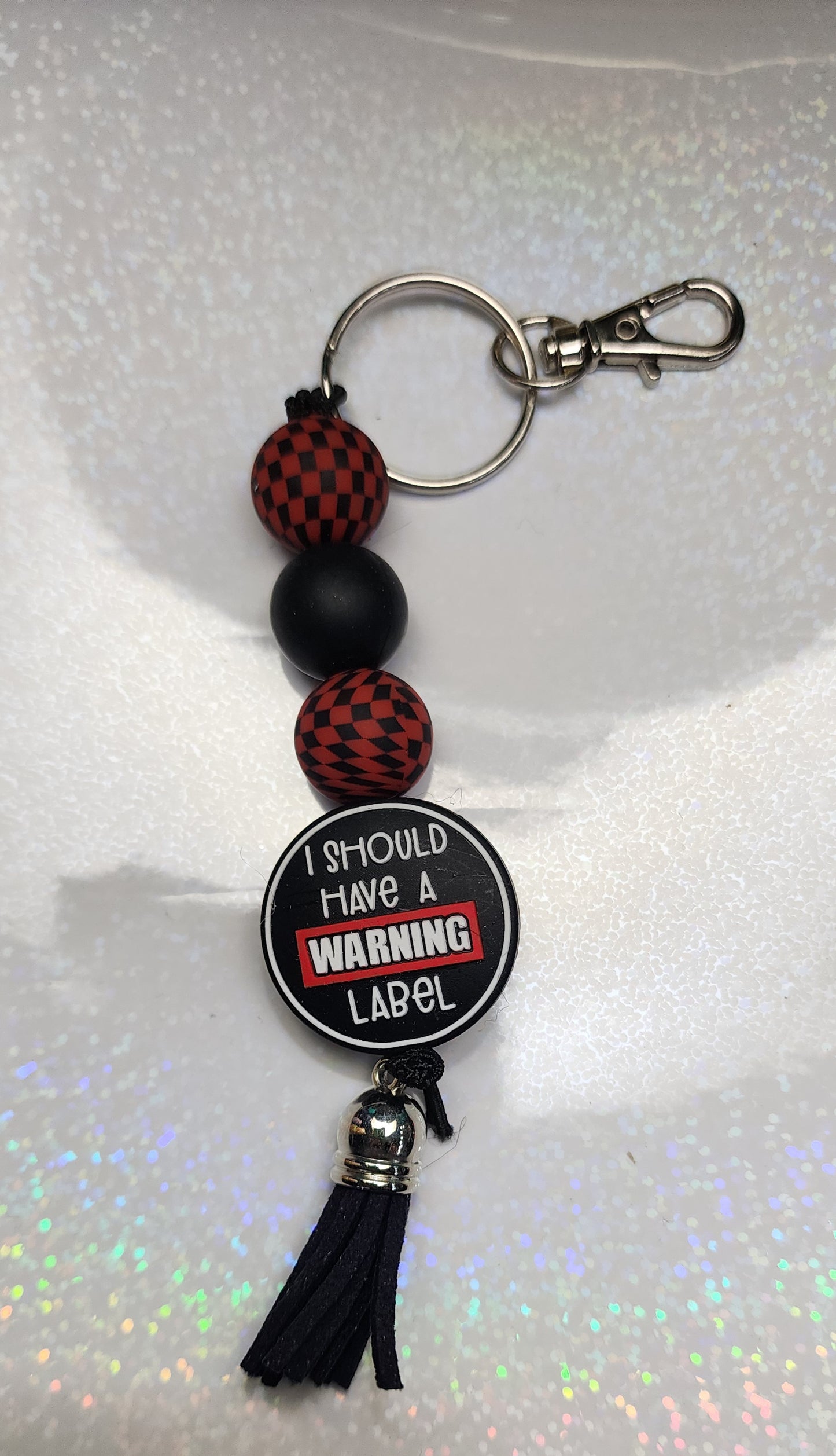 Should Have Come with a Warning Label Keychain – Red & Black Beaded Keyring, Funny Sassy Bag Charm, Handmade Attitude Gift for Bestie