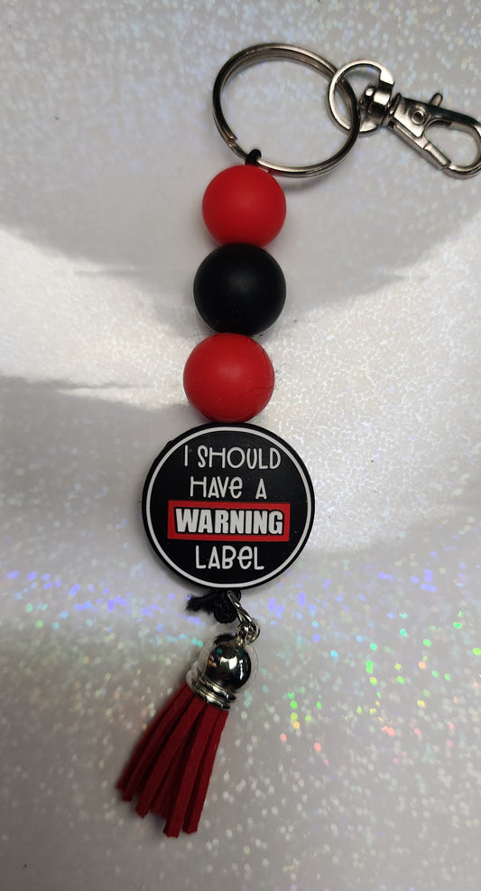 Should Have Come with a Warning Label Keychain – Red & Black Beaded Keyring, Funny Sassy Bag Charm, Handmade Attitude Gift for Bestie