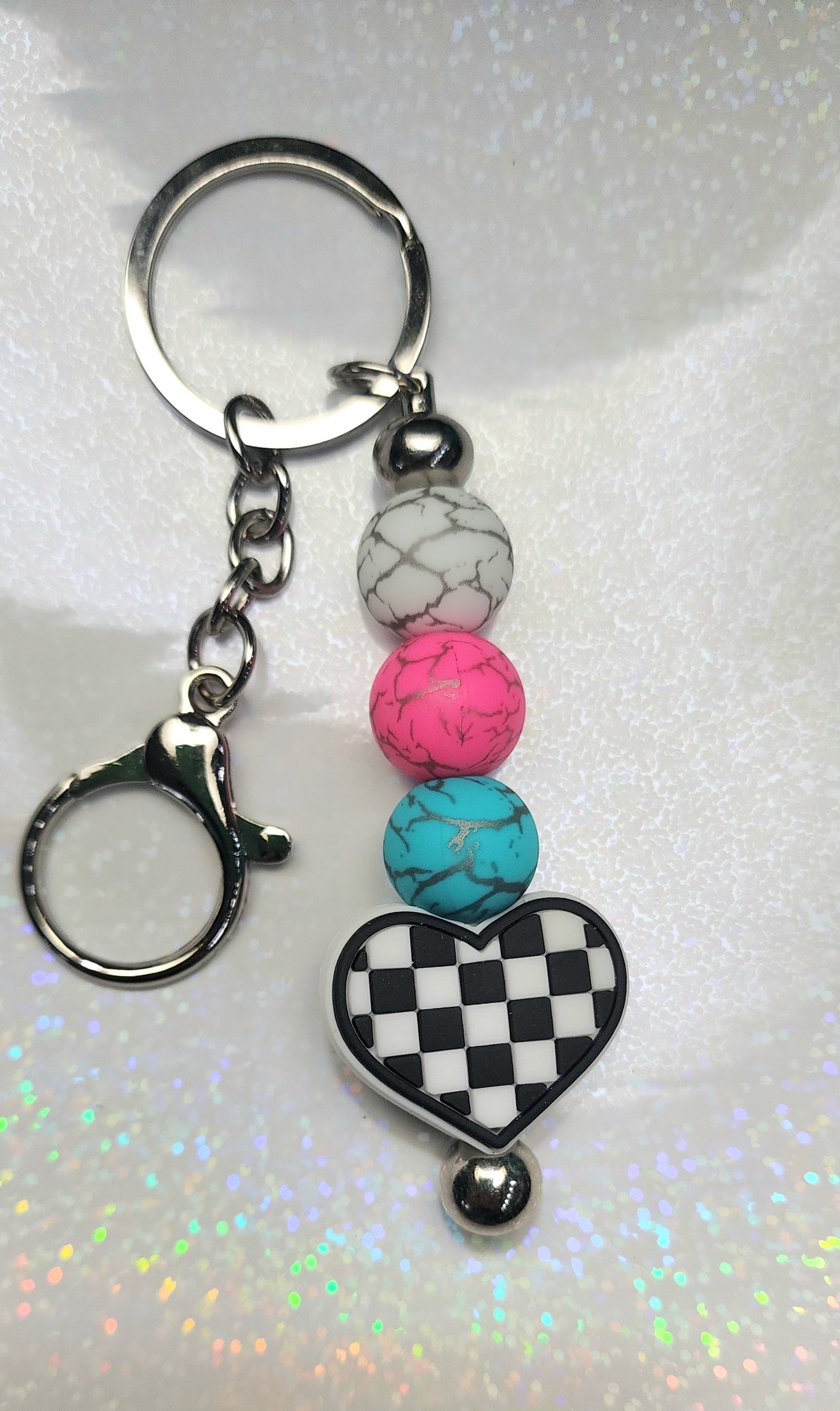 Handmade Checkered Heart Keychain: Multicolor Beaded Charm