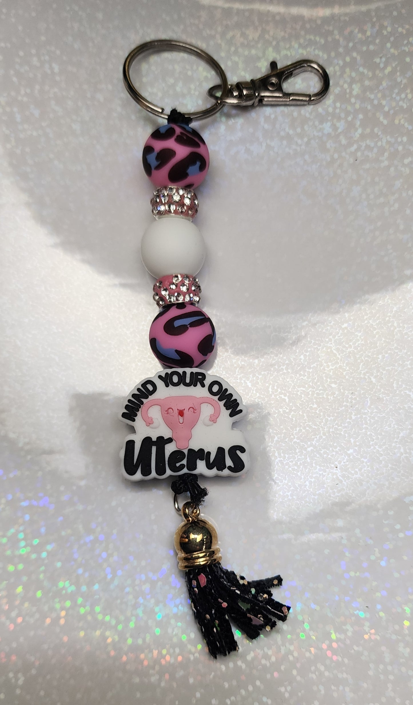 Mind Your Own Uterus Beaded Keychain – Feminist Keyring, Sassy Bag Charm, Handmade Statement Gift
