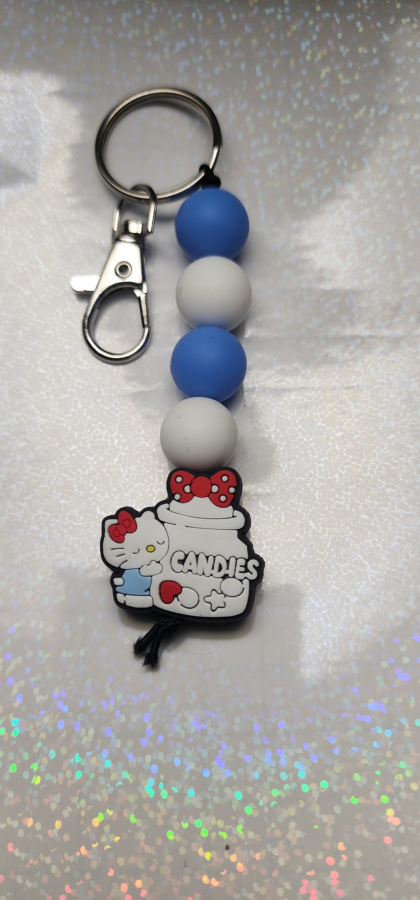 Handmade Hello Kitty Keychain – Blue & White Beaded Charm, Kawaii Bag or Key Accessory, Gift for Fans