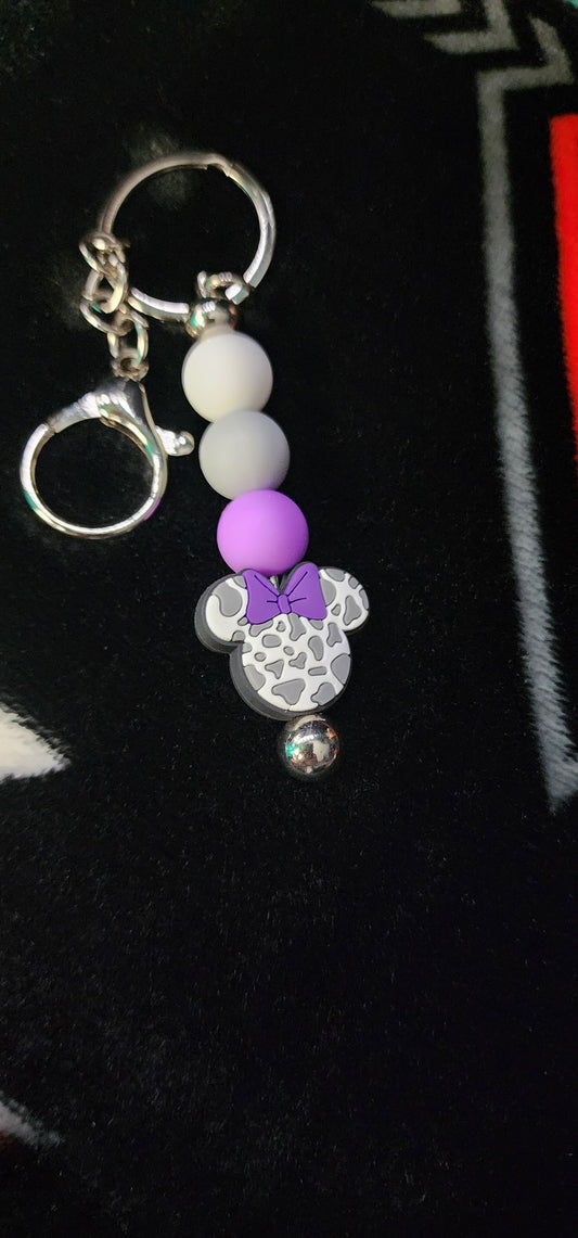 Handmade Minnie Mouse Cow Print Keychain – Purple & White Cute Disney-Inspired Accessory