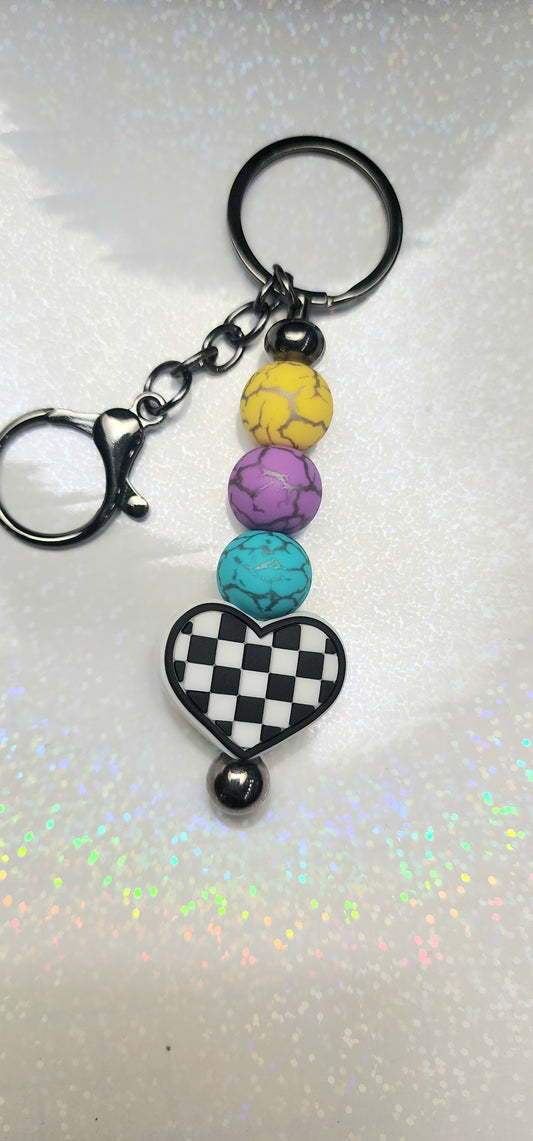 Handmade Checkered Heart Keychain: Multicolor Beaded Charm
