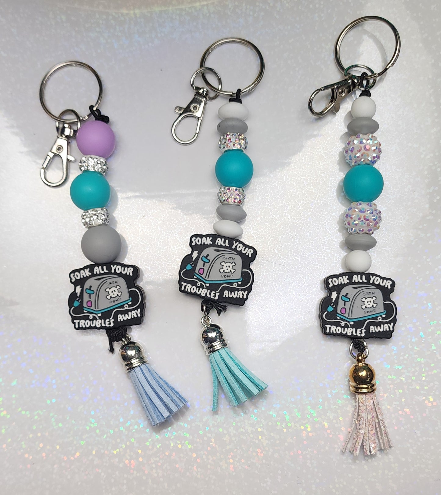 Toaster Soak All Your Troubles Away Keychain – Teal & Purple Handmade Charm, Funny Quirky Gift, Bag Accessory