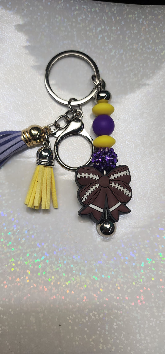 Handmade Beaded Football Bow Keychain – Vikings Colors, Purple & Gold Charm