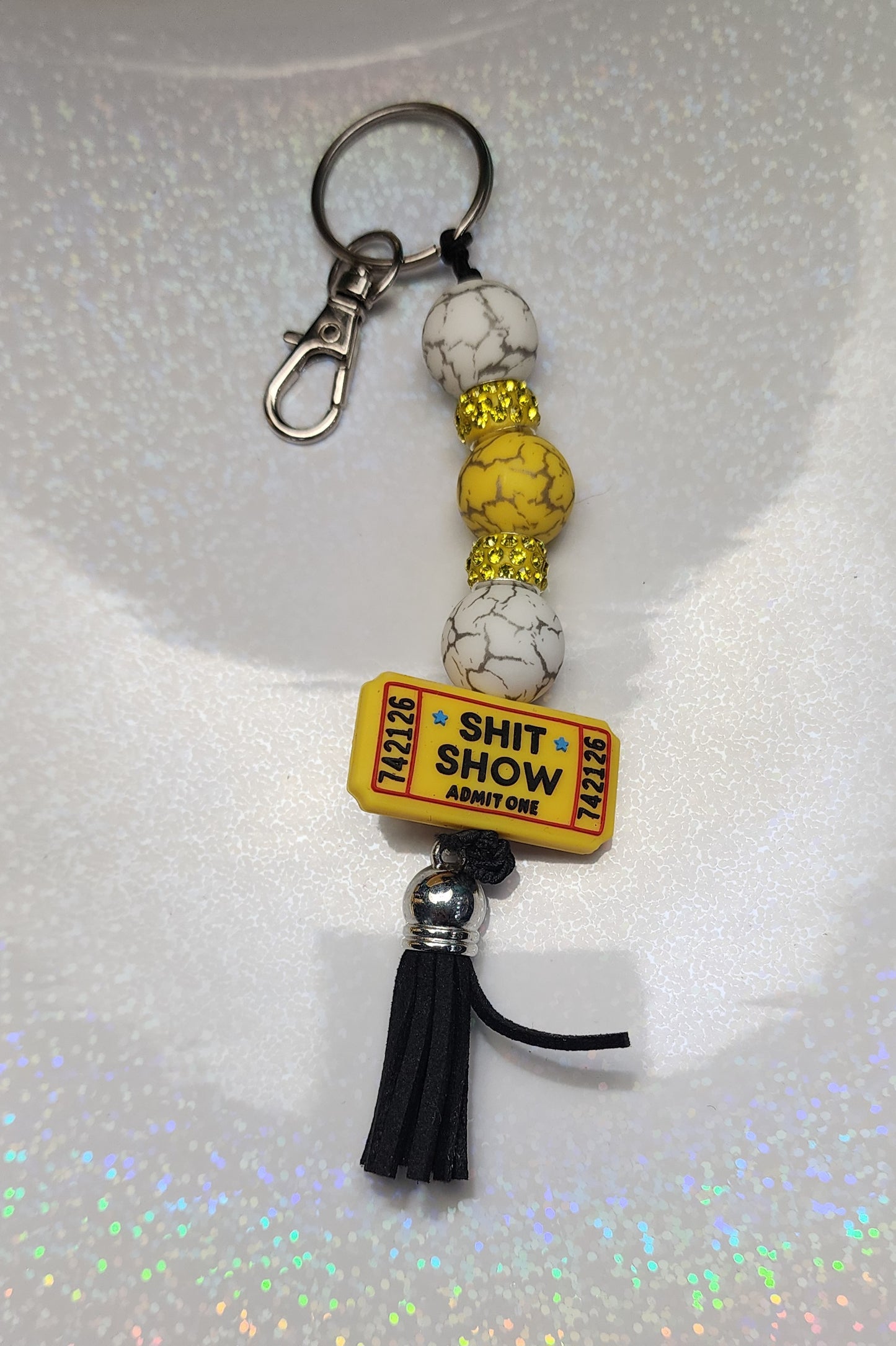 Yellow “Shit Show Admit One” Keychain – Funny AF Bag Charm, Handmade Sarcastic Gift
