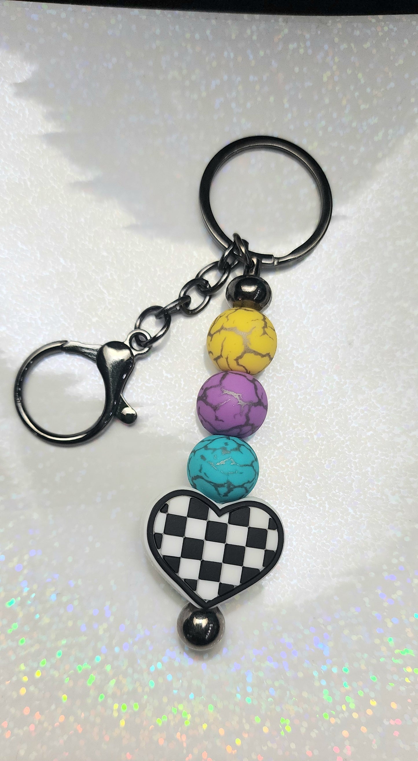 Handmade Checkered Heart Keychain: Multicolor Beaded Charm