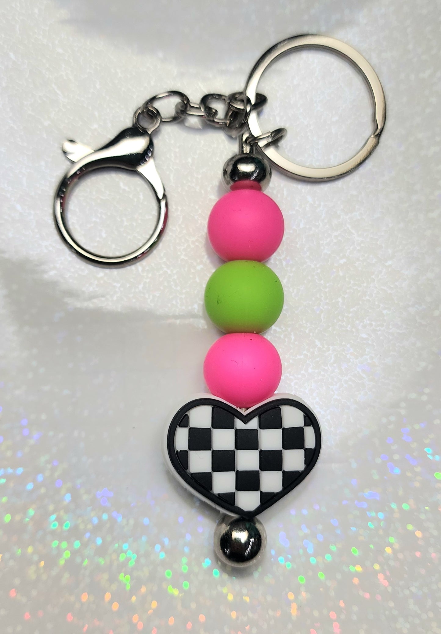 Handmade Checkered Heart Keychain – Black & White with Pink & Green Beaded Charm, Cute AF Keyring