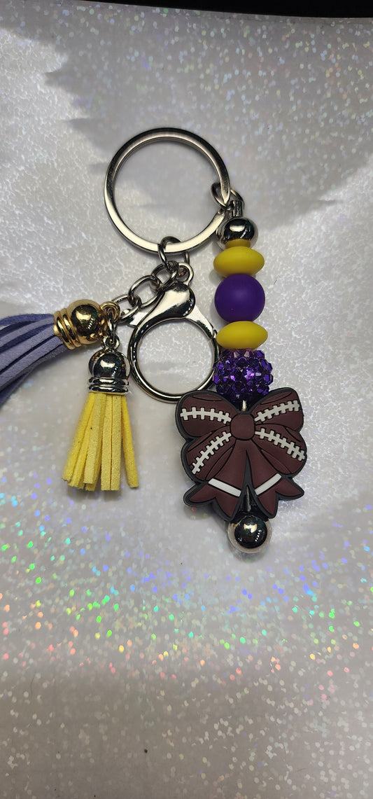 Handmade Beaded Football Bow Keychain – Vikings Colors, Purple & Gold Charm