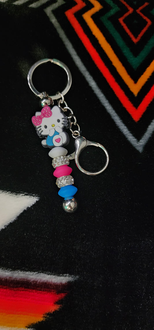 Handmade Hello Kitty Keychain – Cute Pink, Blue & White Charm, Kawaii Kitty Keyring, Girly Bag Accessory, Sanrio Inspired Gift