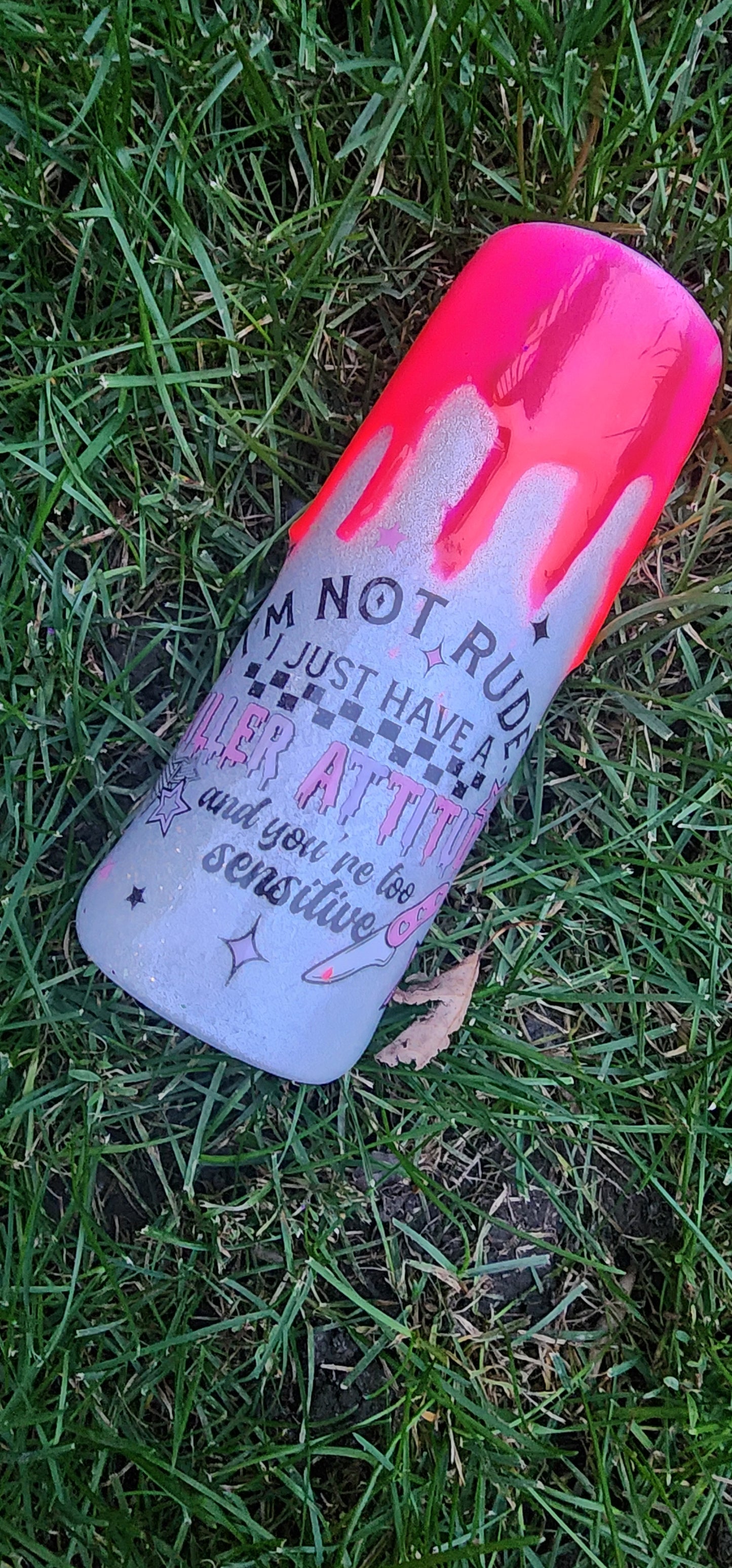 Im Not Rude I Just Have a Killer Attitude | Silver Glitter 20oz Stainless Steel Tumbler with Hot Pink Drip | Sassy Epoxy Cup