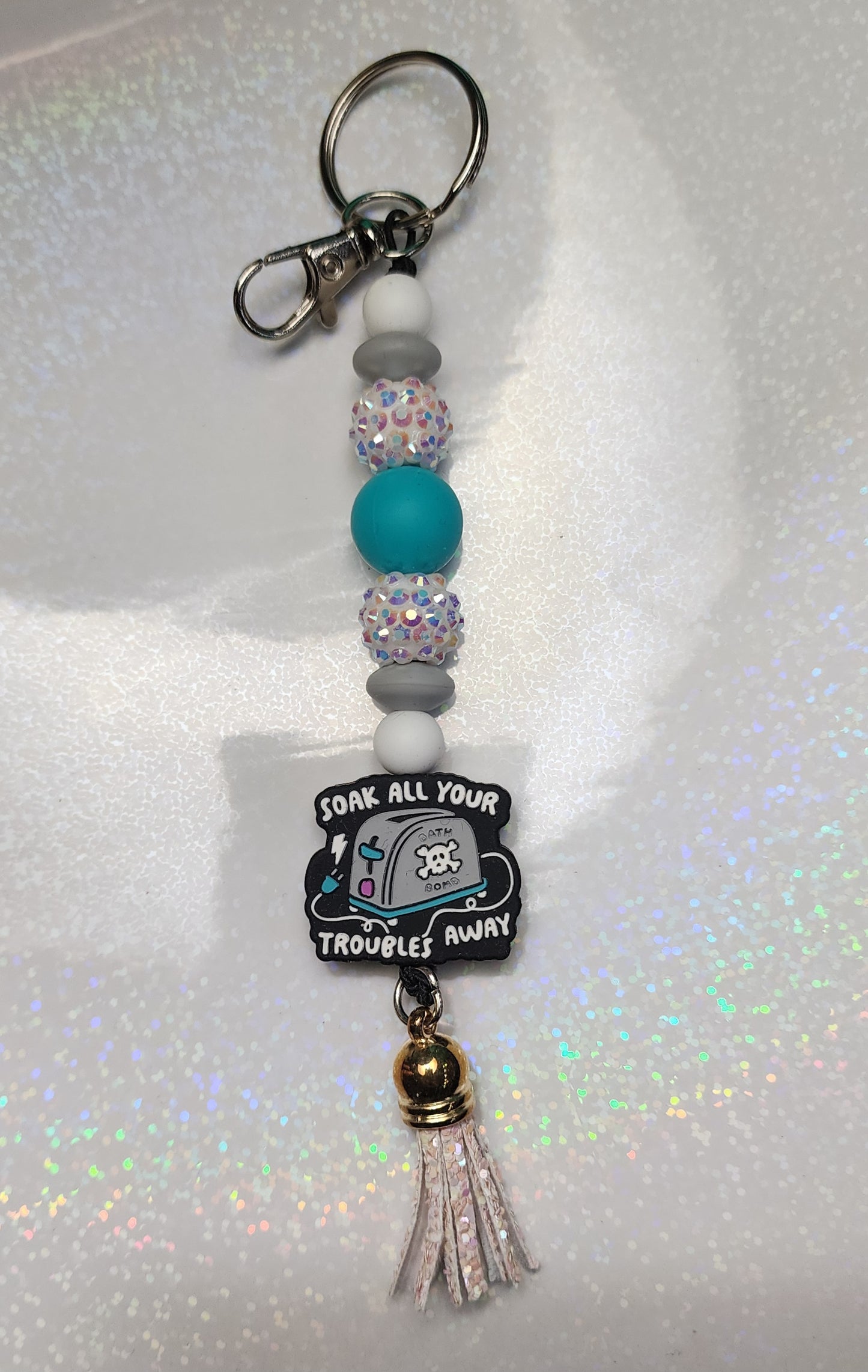 Toaster Soak All Your Troubles Away Keychain – Teal & Purple Handmade Charm, Funny Quirky Gift, Bag Accessory
