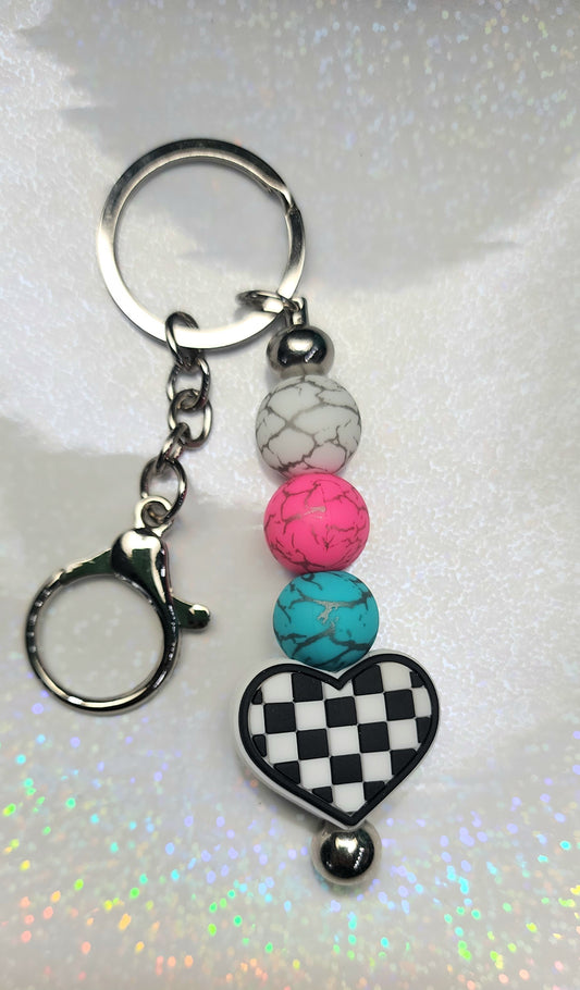 Handmade Checkered Heart Keychain: Multicolor Beaded Charm