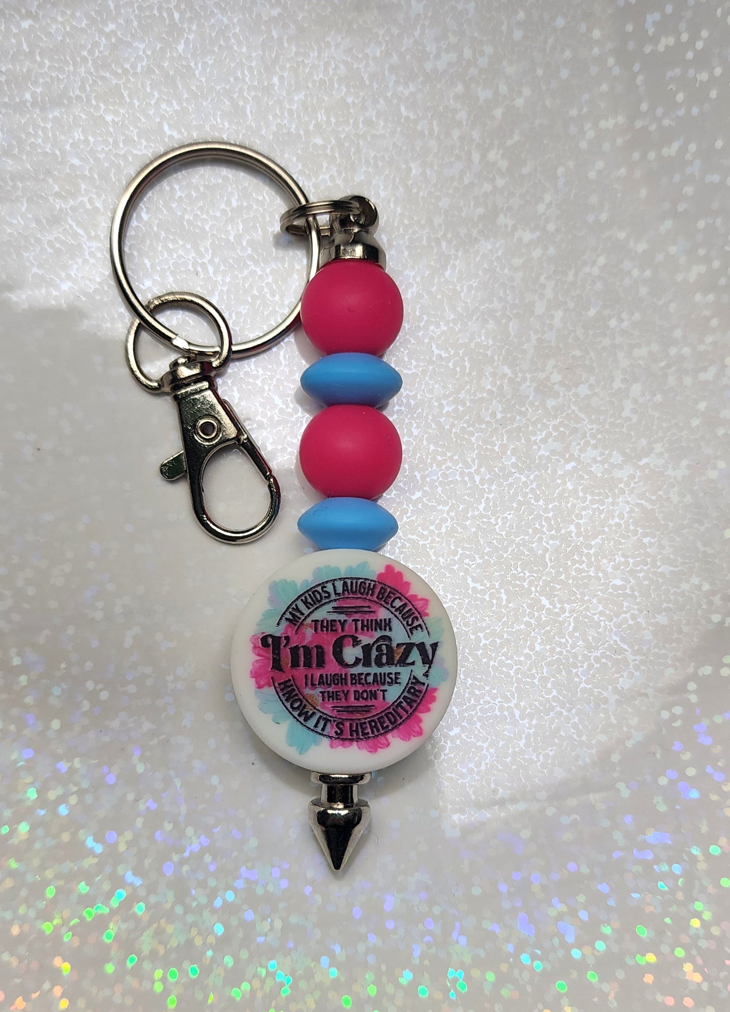 Handmade “My Kids Laugh Because They Think I’m Crazy” Beaded Keychain – Funny Mom Quote Keyring, Gift for Parents