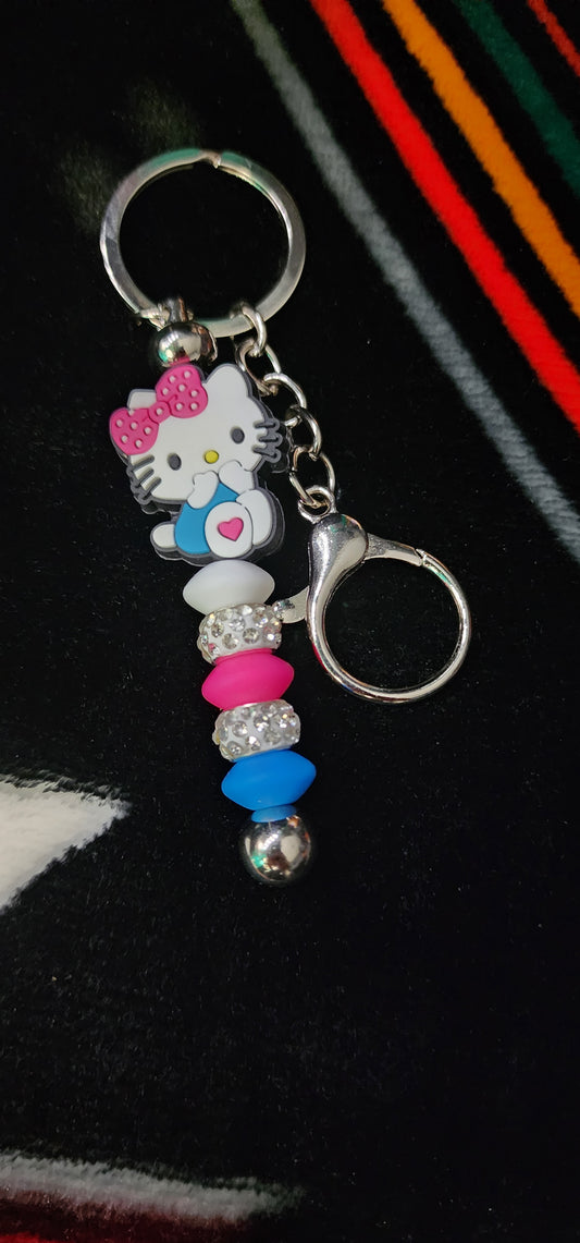 Handmade Hello Kitty Keychain – Cute Pink, Blue & White Charm, Kawaii Kitty Keyring, Girly Bag Accessory, Sanrio Inspired Gift