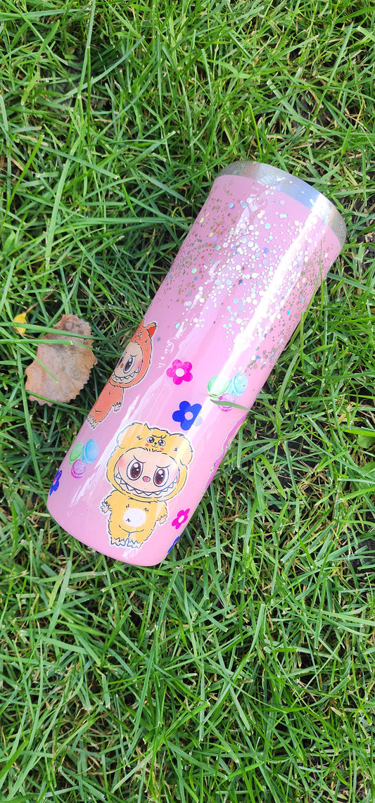 Labubu Pink Epoxy Glitter Tumbler – Cute Kawaii Stainless Steel Insulated Cup | Sparkly Glitter Travel Mug with Straw & Lid | Handmade Gift for Labubu Fans
