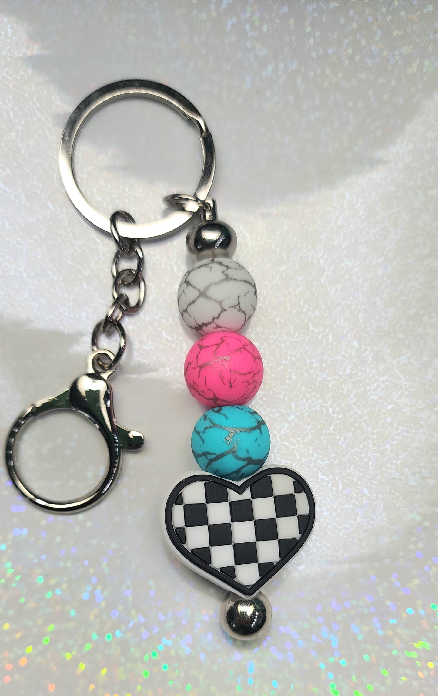 Handmade Checkered Heart Keychain: Multicolor Beaded Charm