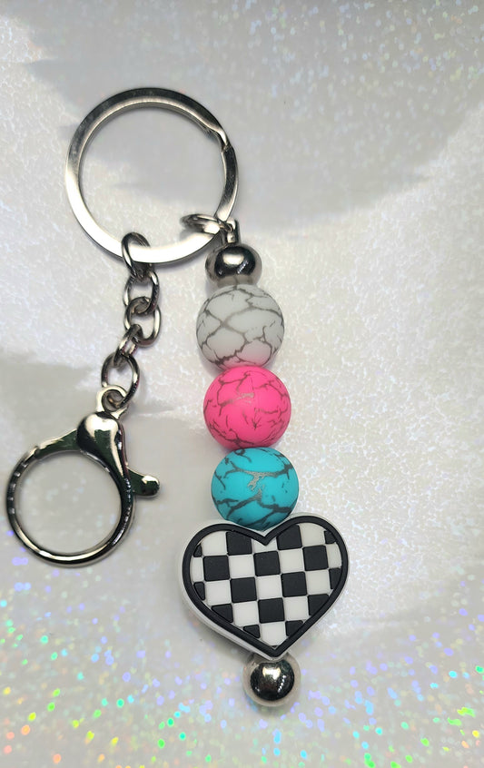 Handmade Checkered Heart Keychain: Multicolor Beaded Charm