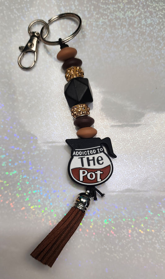 Fueled by Coffee & Addicted to the Pot – Funny Handmade Beaded Keychain