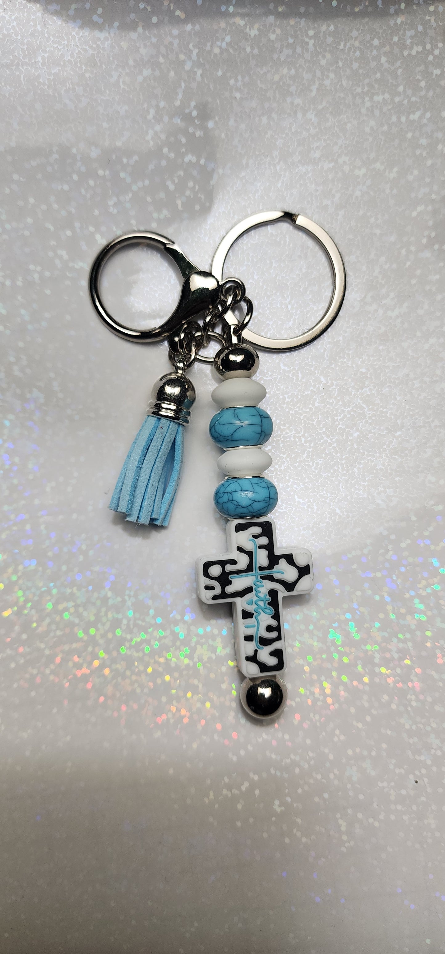 Handmade Faith Cross Keychain – Green, Black, Blue & White Beaded Charm, Religious Keyring, Christian Gift, Spiritual Bag Accessory