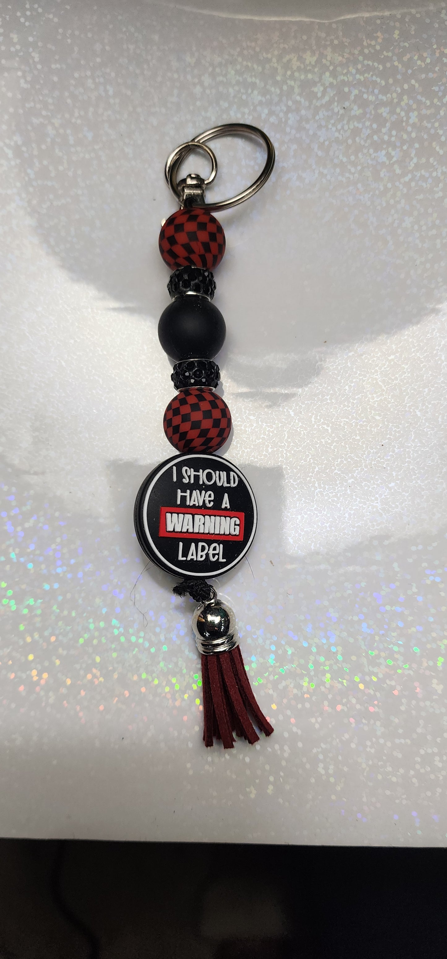 Should Have Come with a Warning Label Keychain – Red & Black Beaded Keyring, Funny Sassy Bag Charm, Handmade Attitude Gift for Bestie