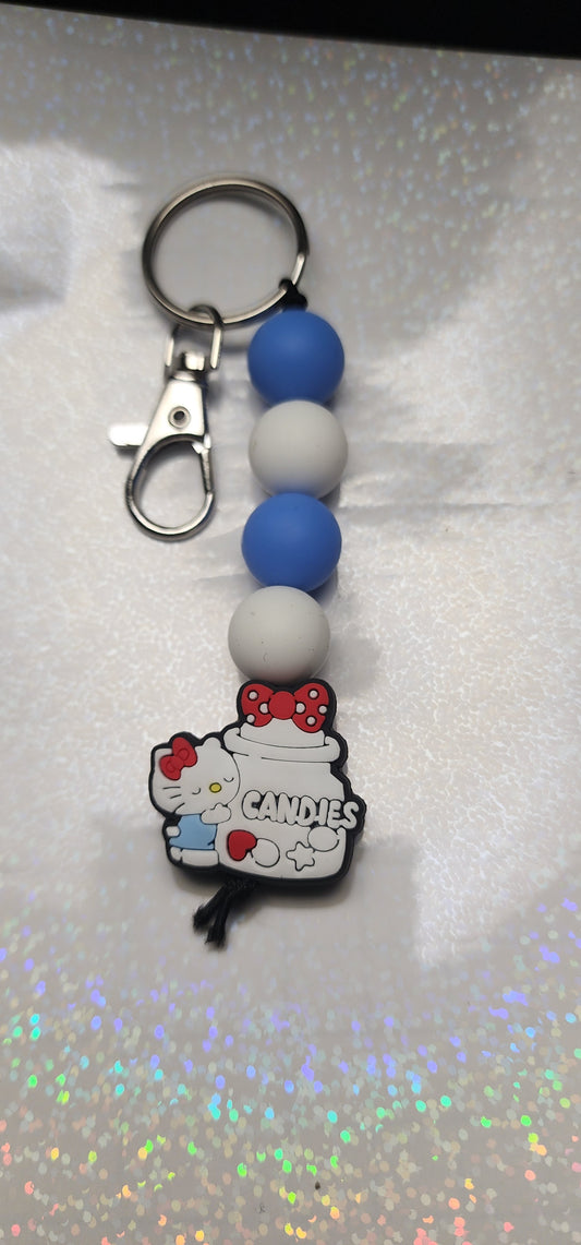 Handmade Hello Kitty Keychain – Blue & White Beaded Charm, Kawaii Bag or Key Accessory, Gift for Fans