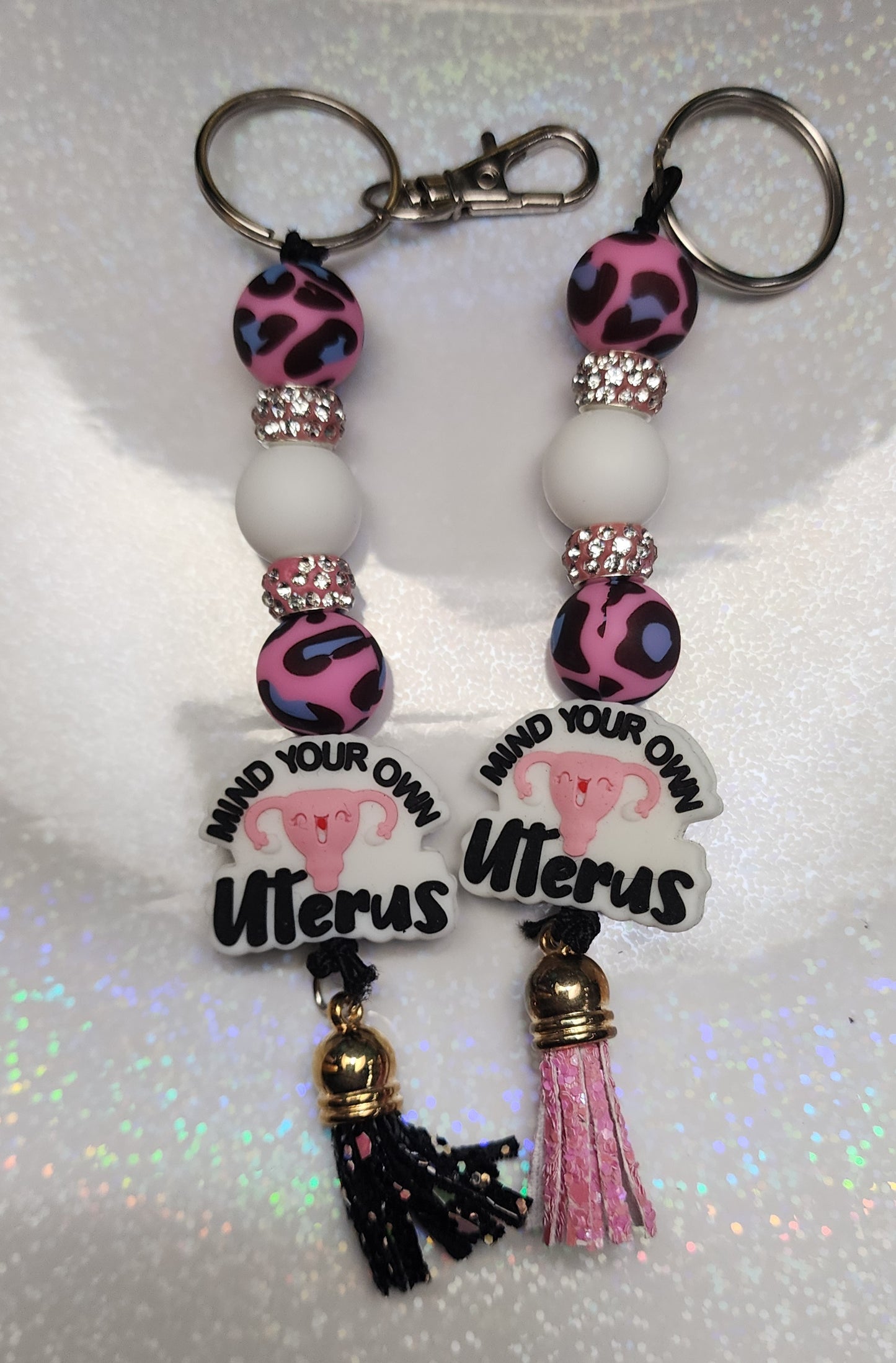 Mind Your Own Uterus Beaded Keychain – Feminist Keyring, Sassy Bag Charm, Handmade Statement Gift