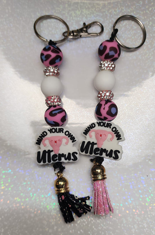 Mind Your Own Uterus Beaded Keychain – Feminist Keyring, Sassy Bag Charm, Handmade Statement Gift