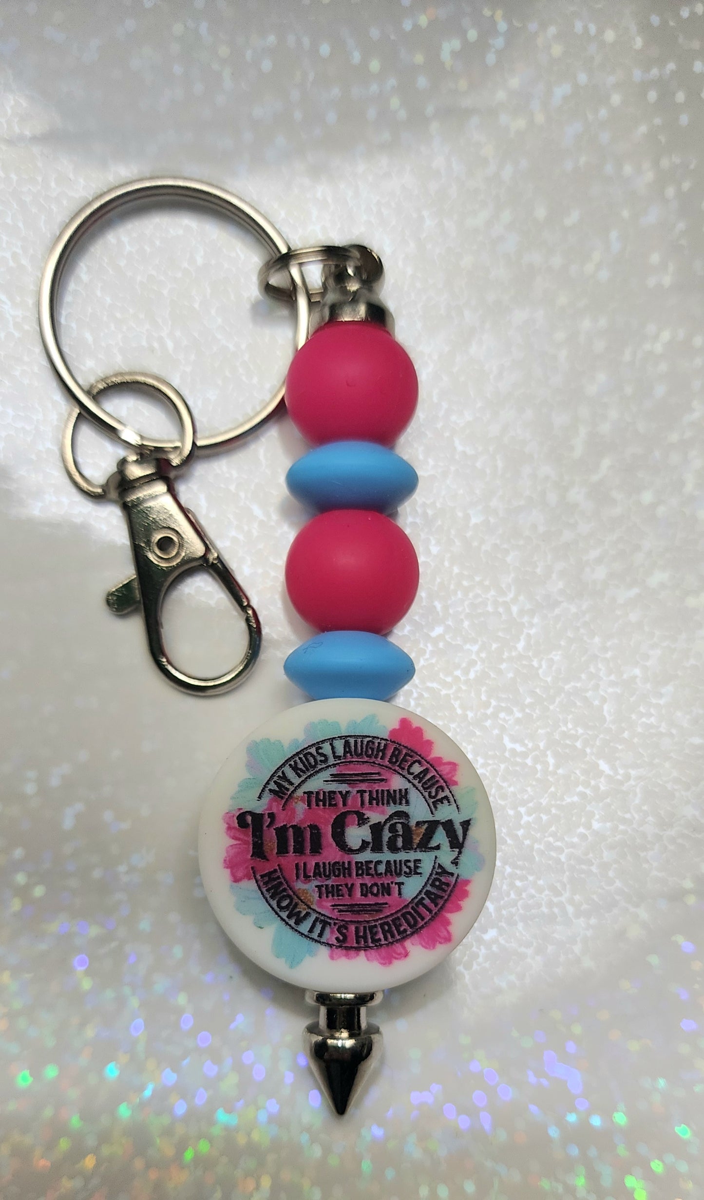 Handmade “My Kids Laugh Because They Think I’m Crazy” Beaded Keychain – Funny Mom Quote Keyring, Gift for Parents