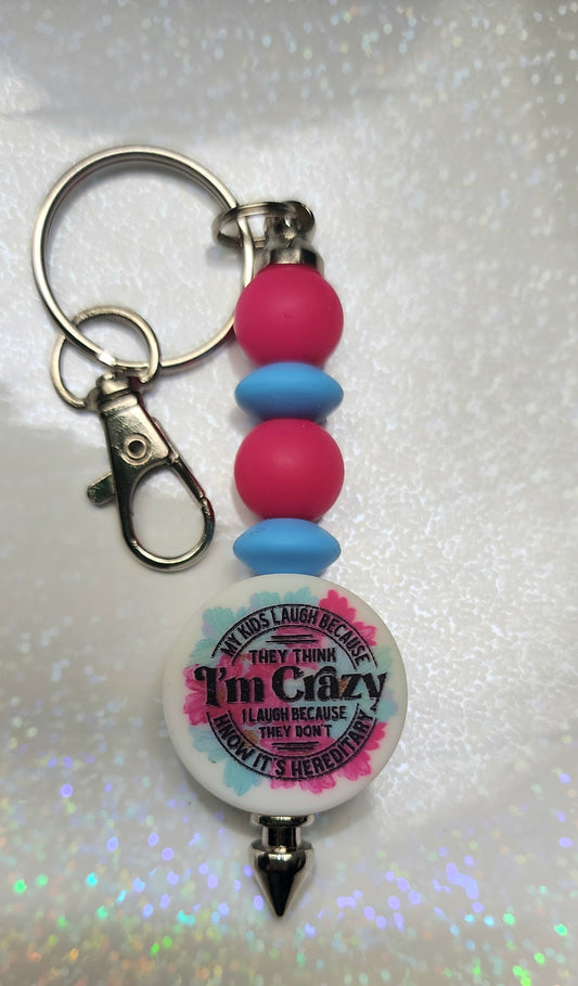 Handmade “My Kids Laugh Because They Think I’m Crazy” Beaded Keychain – Funny Mom Quote Keyring, Gift for Parents