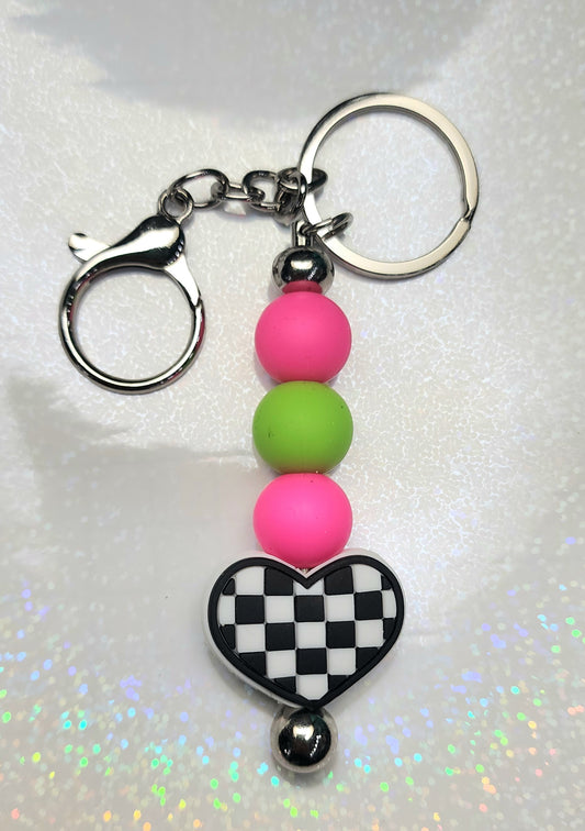Handmade Checkered Heart Keychain – Black & White with Pink & Green Beaded Charm, Cute AF Keyring