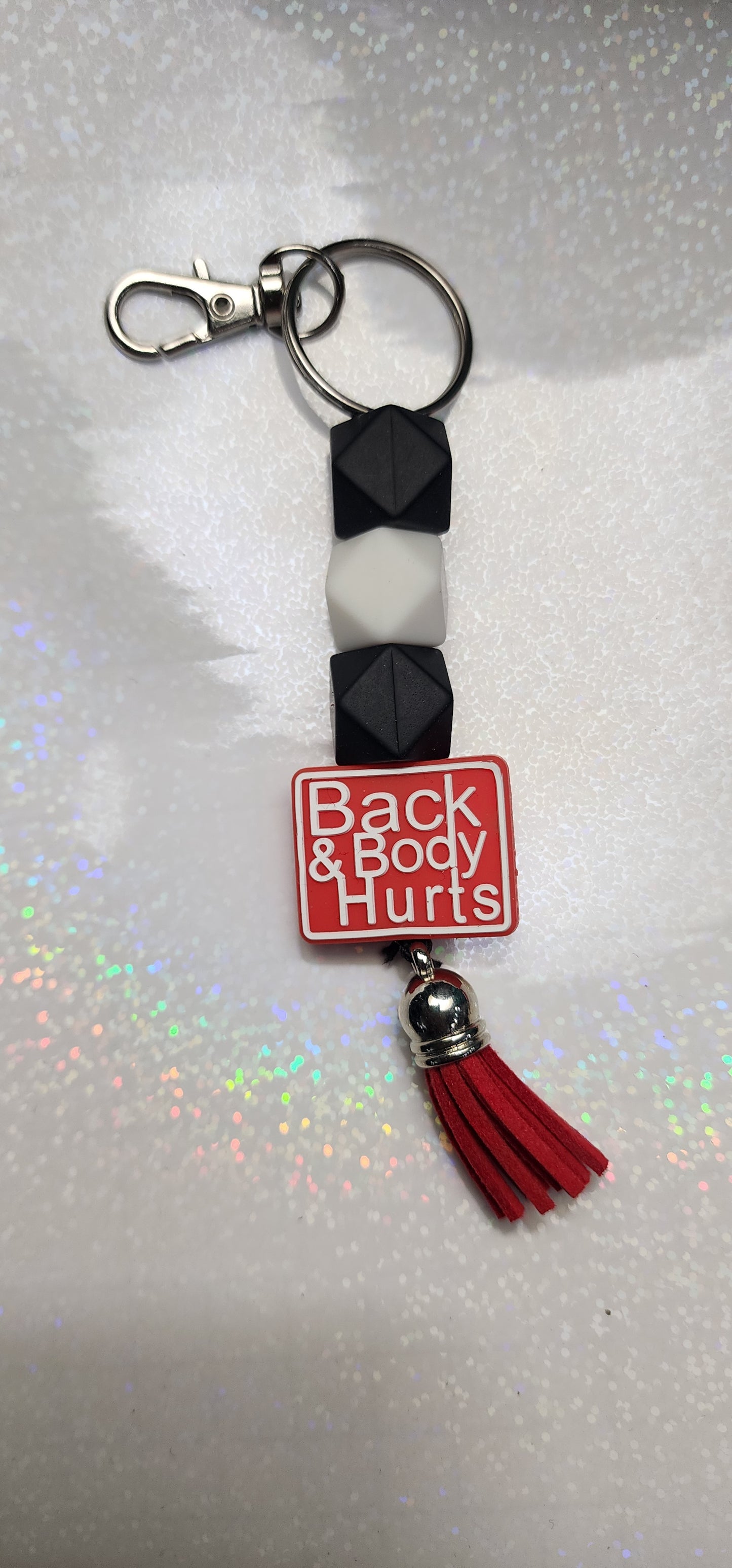 Back and Body Hurts Beaded Keychain | Funny Sarcastic Keyring | Sassy Bag Charm | Humorous Gift for Friends